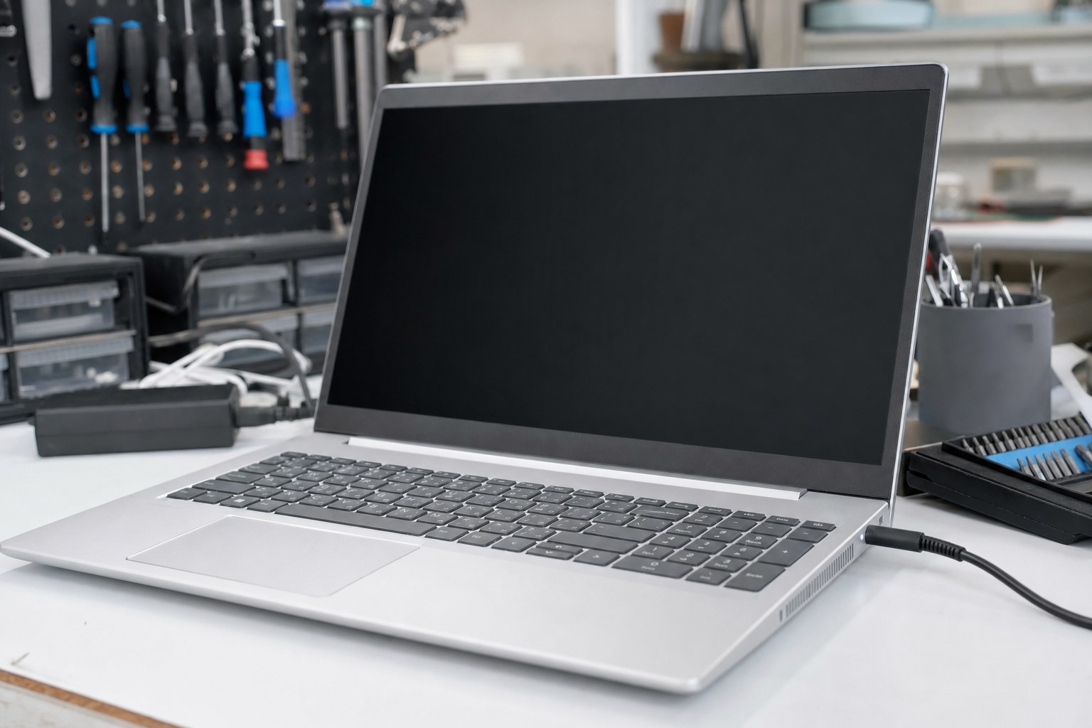 Laptop connected to its charger on a computer repair workbench
