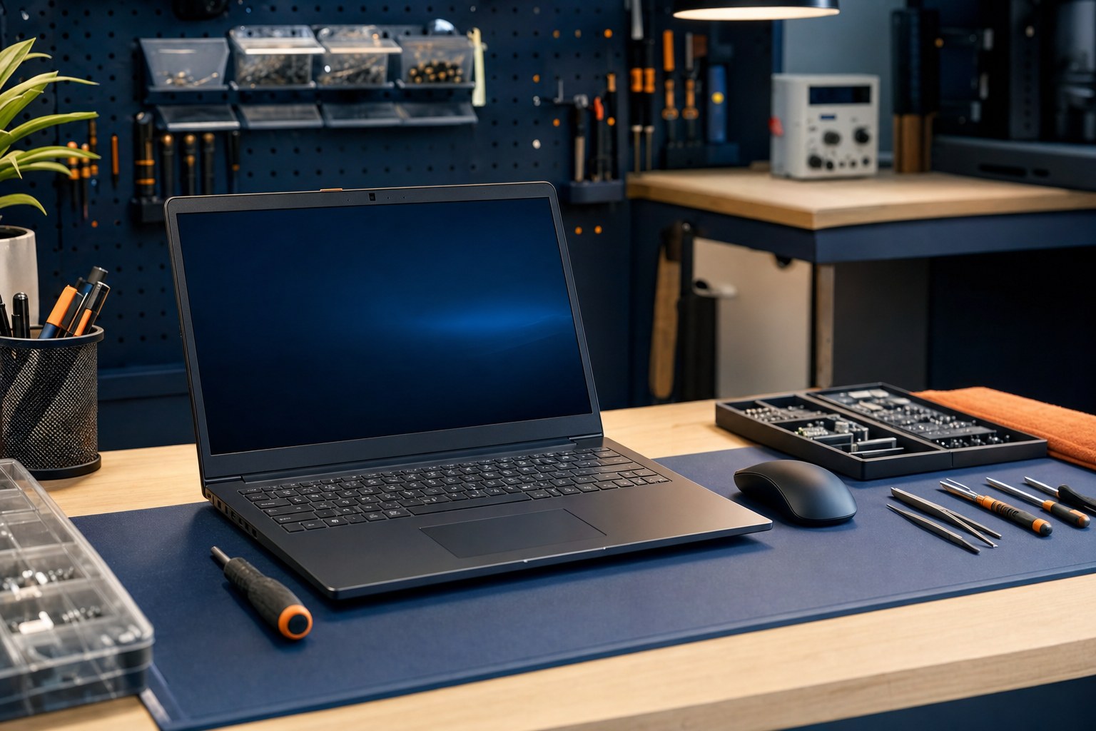 Laptop on a tidy computer repair workbench with tools nearby