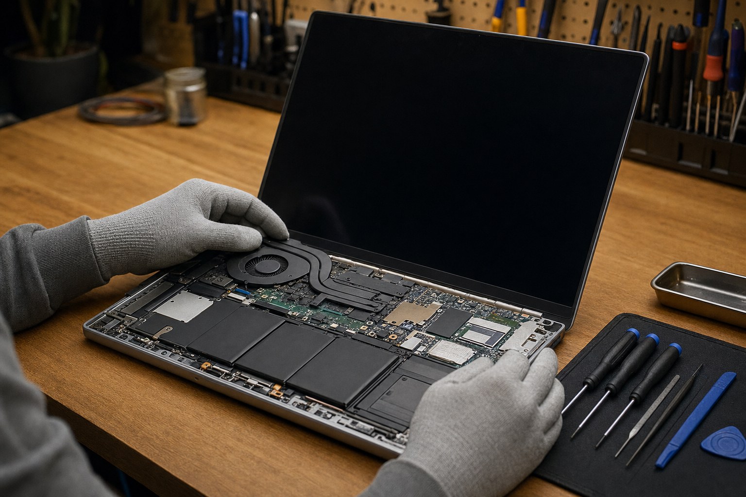 Technician carefully inspecting an open laptop on a repair bench