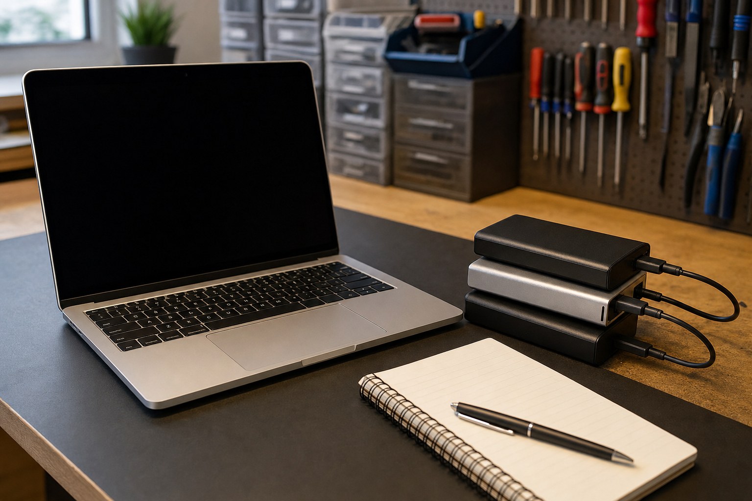 Laptop beside external storage drives on a repair workbench