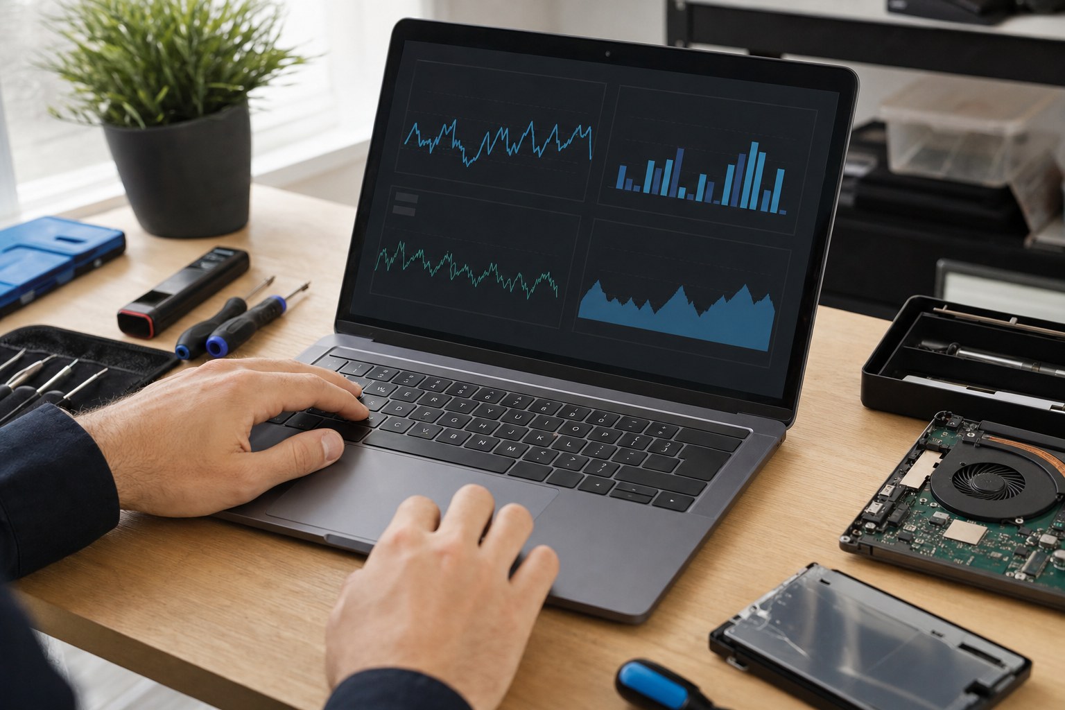 Laptop on a repair bench showing unlabeled performance graphs
