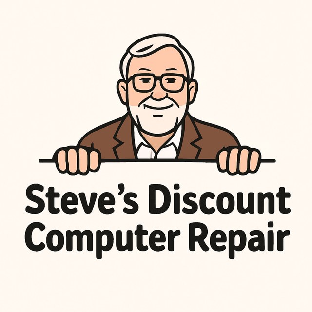 Cartoon Steve holding a Steve's Discount Computer Repair sign