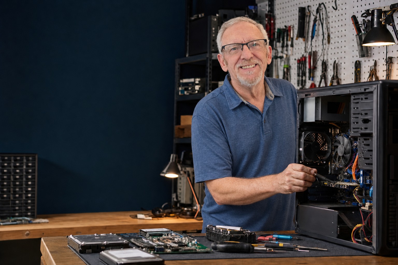 Technician carefully diagnosing an open desktop computer at a repair bench