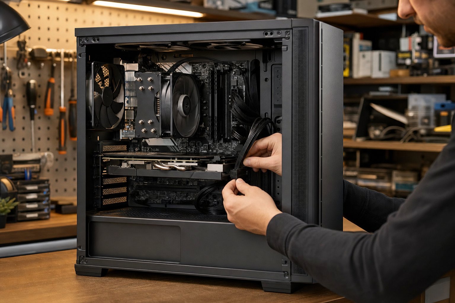 Custom desktop computer being assembled at a repair bench