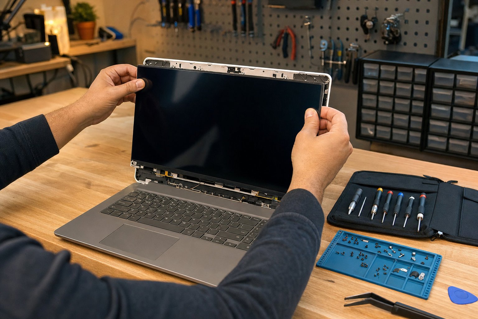 Hands replacing a laptop display panel at a repair bench