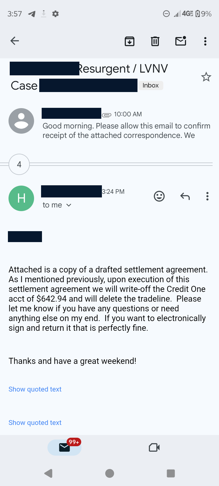 Redacted settlement email describing a $642.94 Credit One account write-off and tradeline deletion upon signing the agreement
