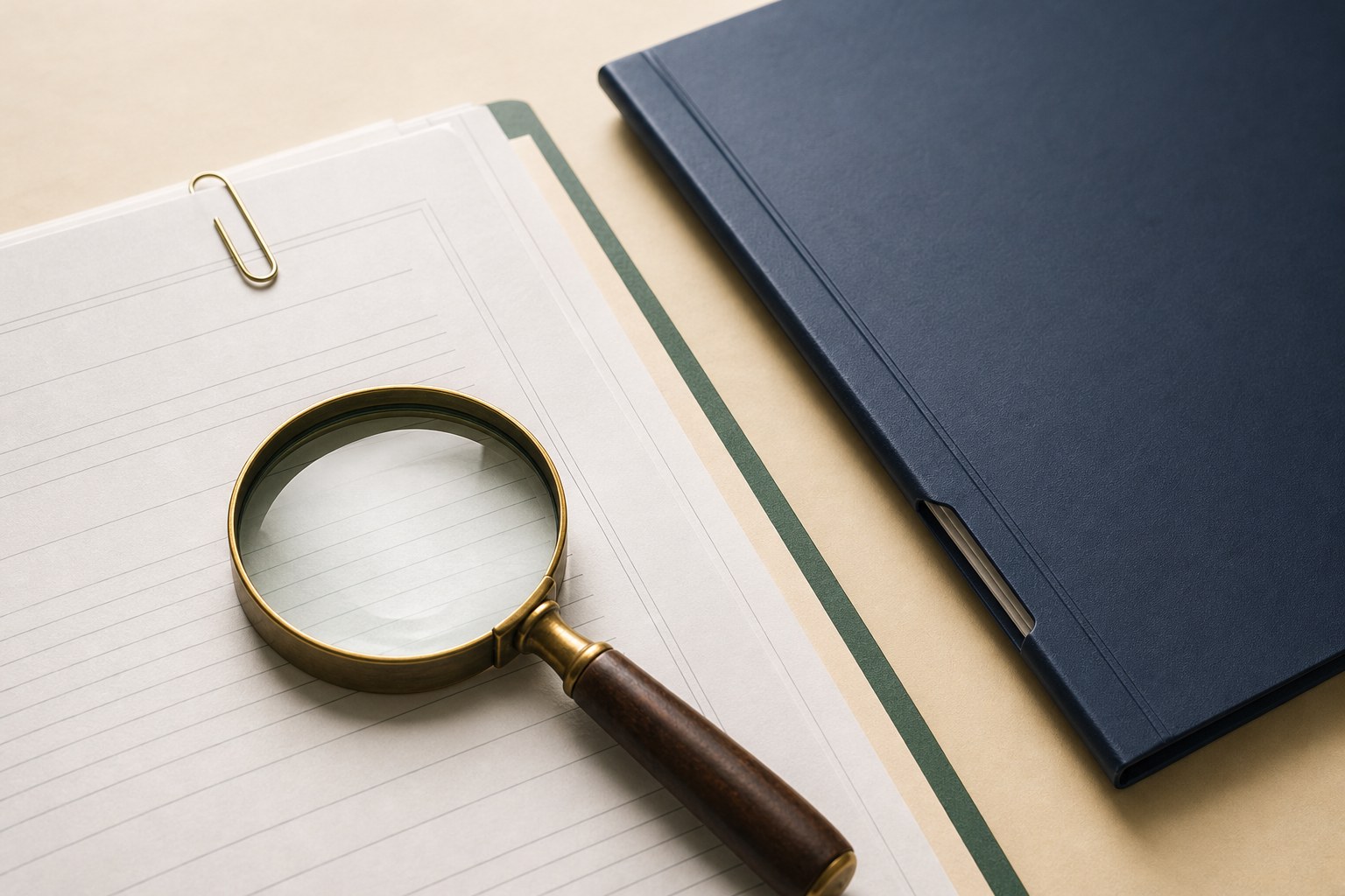 Magnifying glass, organized papers, and folder representing a careful credit report review