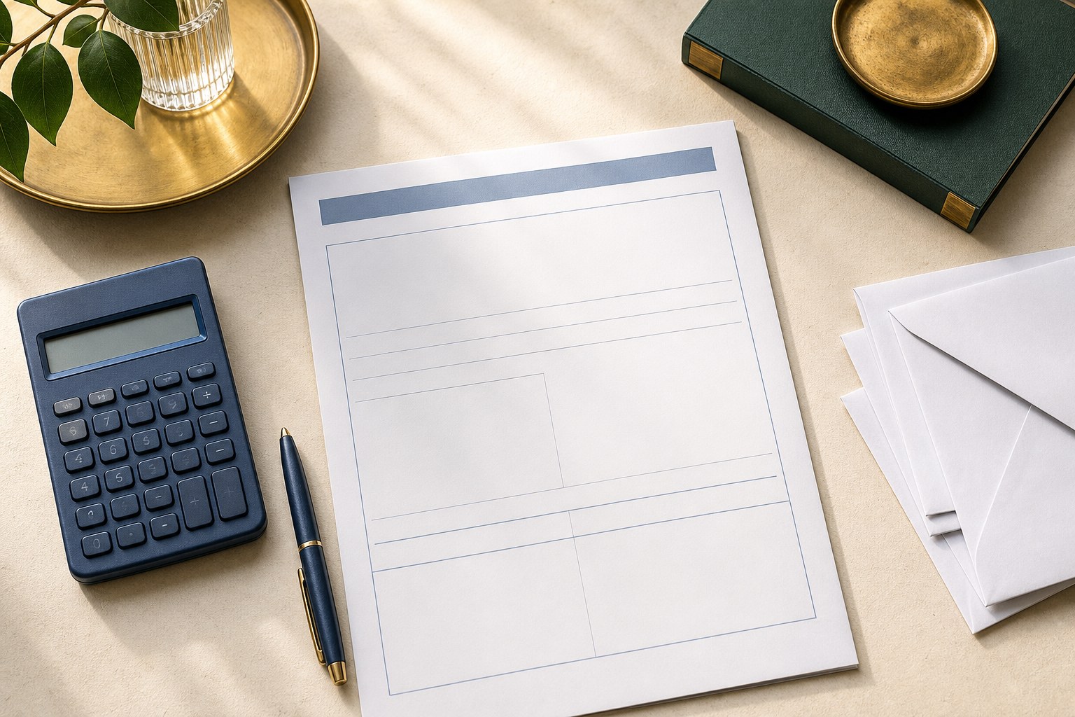 Credit document, calculator, and envelopes arranged for careful review