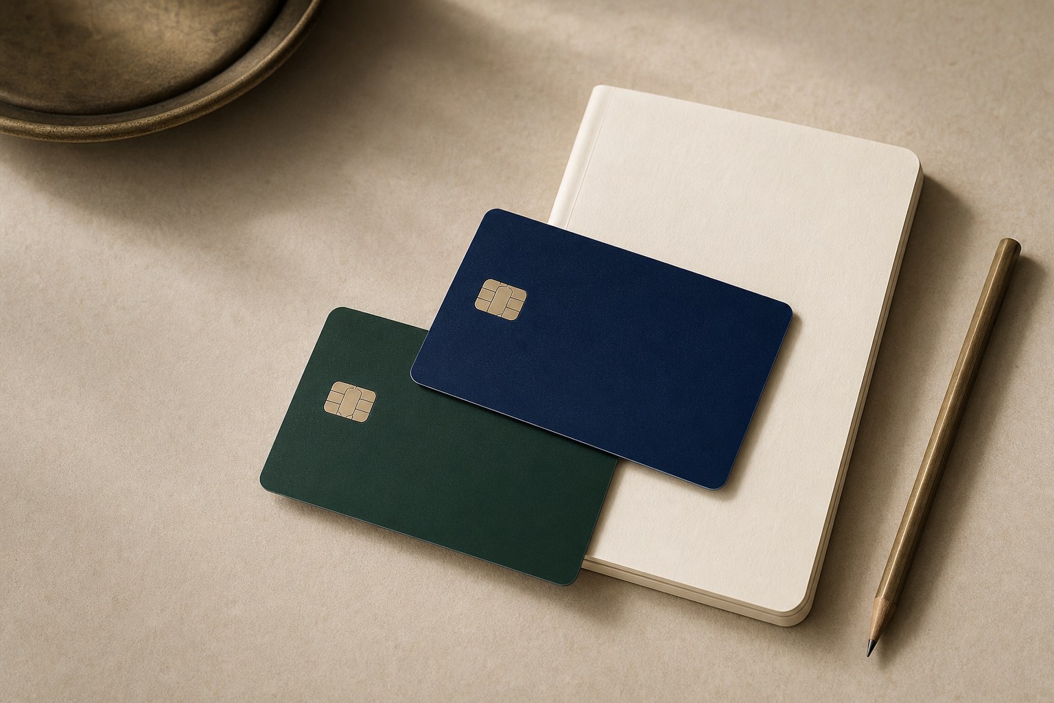 Two unbranded cards on a notebook representing responsible credit use