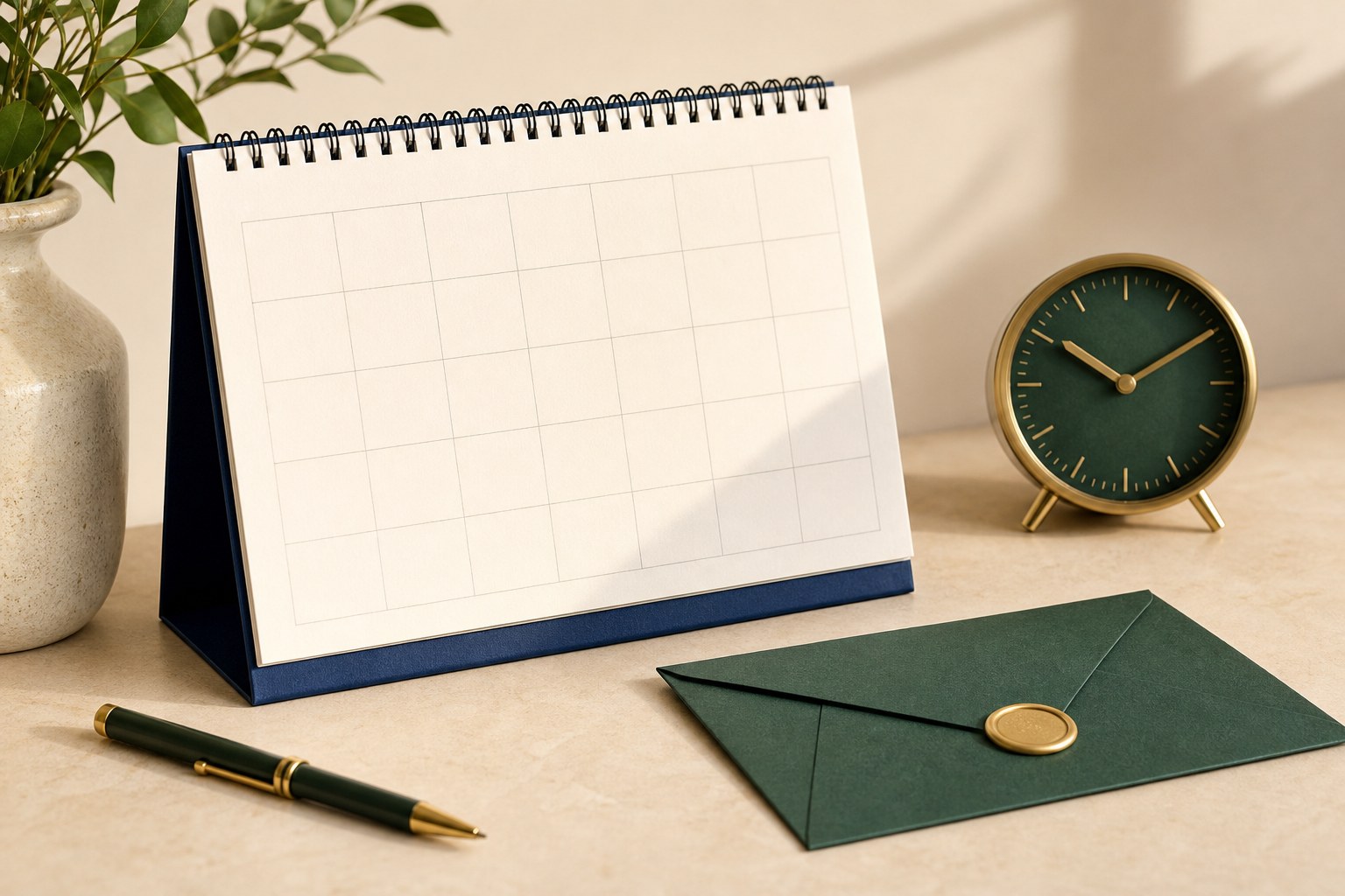 Blank desk calendar and clock representing organized payment planning