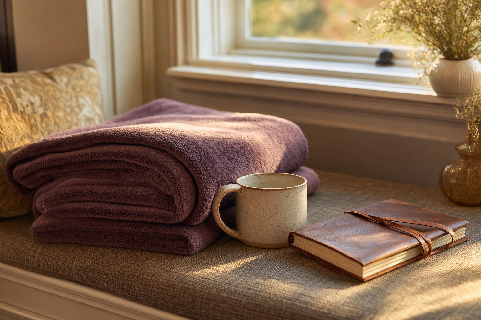 Folded plum fleece blanket, ceramic mug, and leather journal on a sunlit window seat