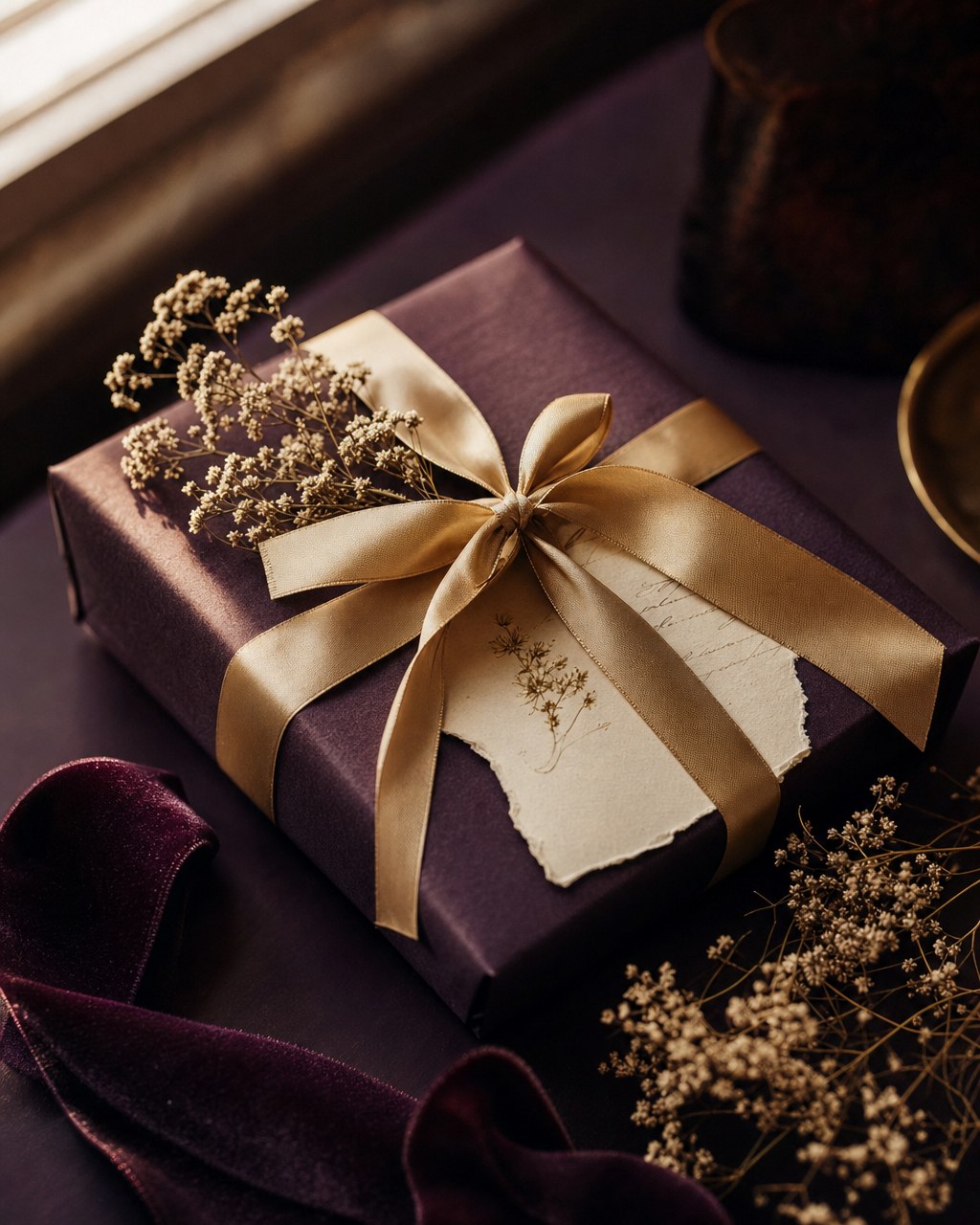 Plum gift box wrapped with an antique gold ribbon and dried flowers