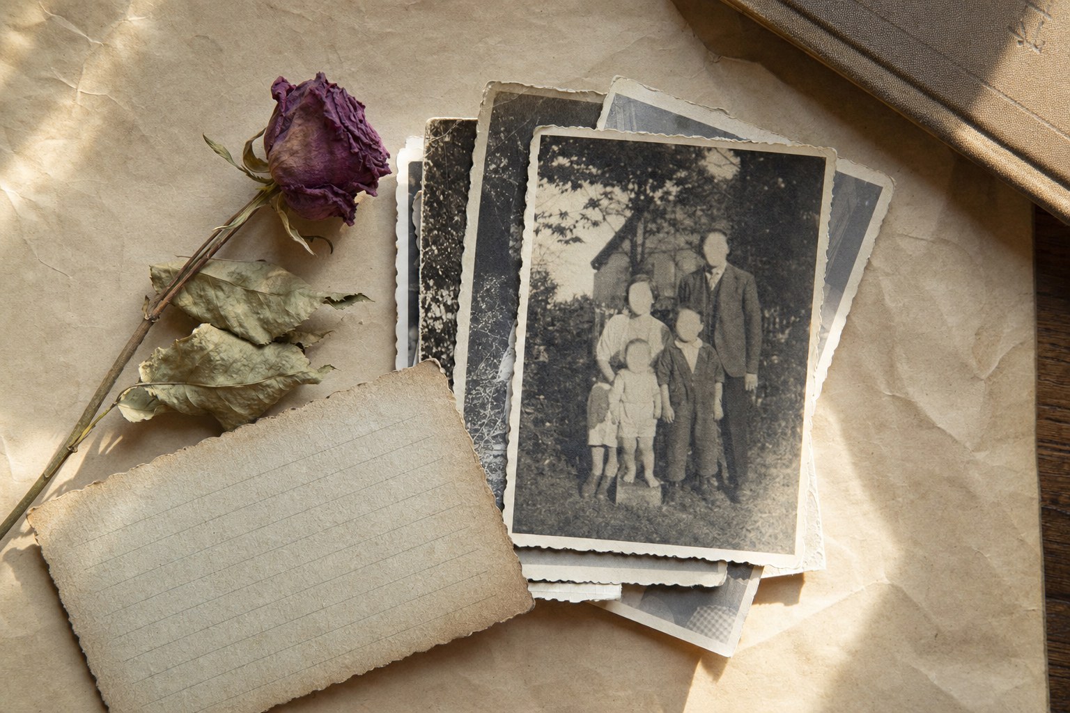 Vintage family photographs, a dried rose, and a blank recipe card on parchment paper