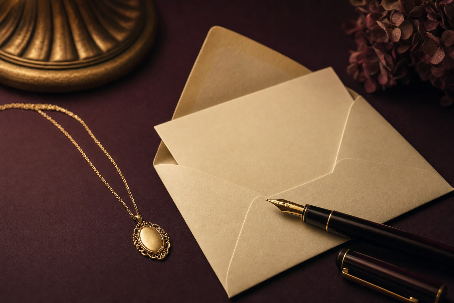 Gold necklace beside a cream envelope and fountain pen on a deep plum surface