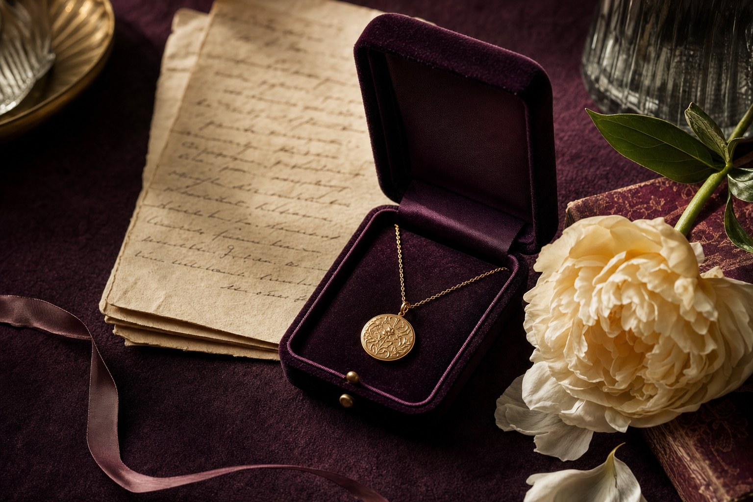 Gold pendant in a plum velvet gift box beside a letter and cream peony