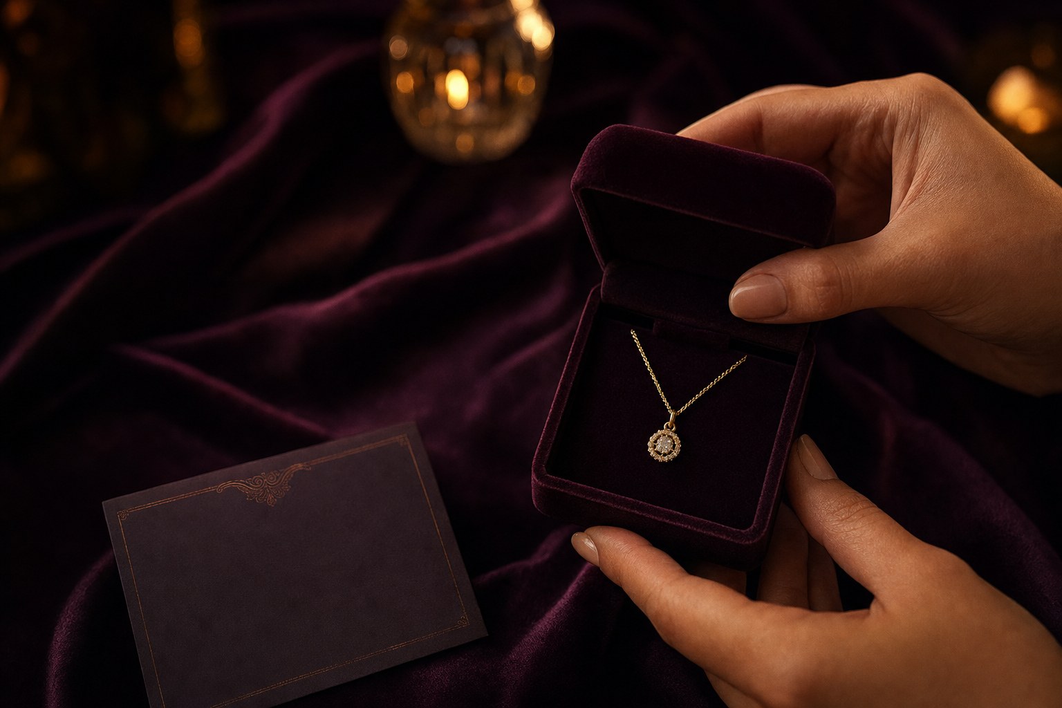 A gold pendant revealed in a plum velvet jewelry box