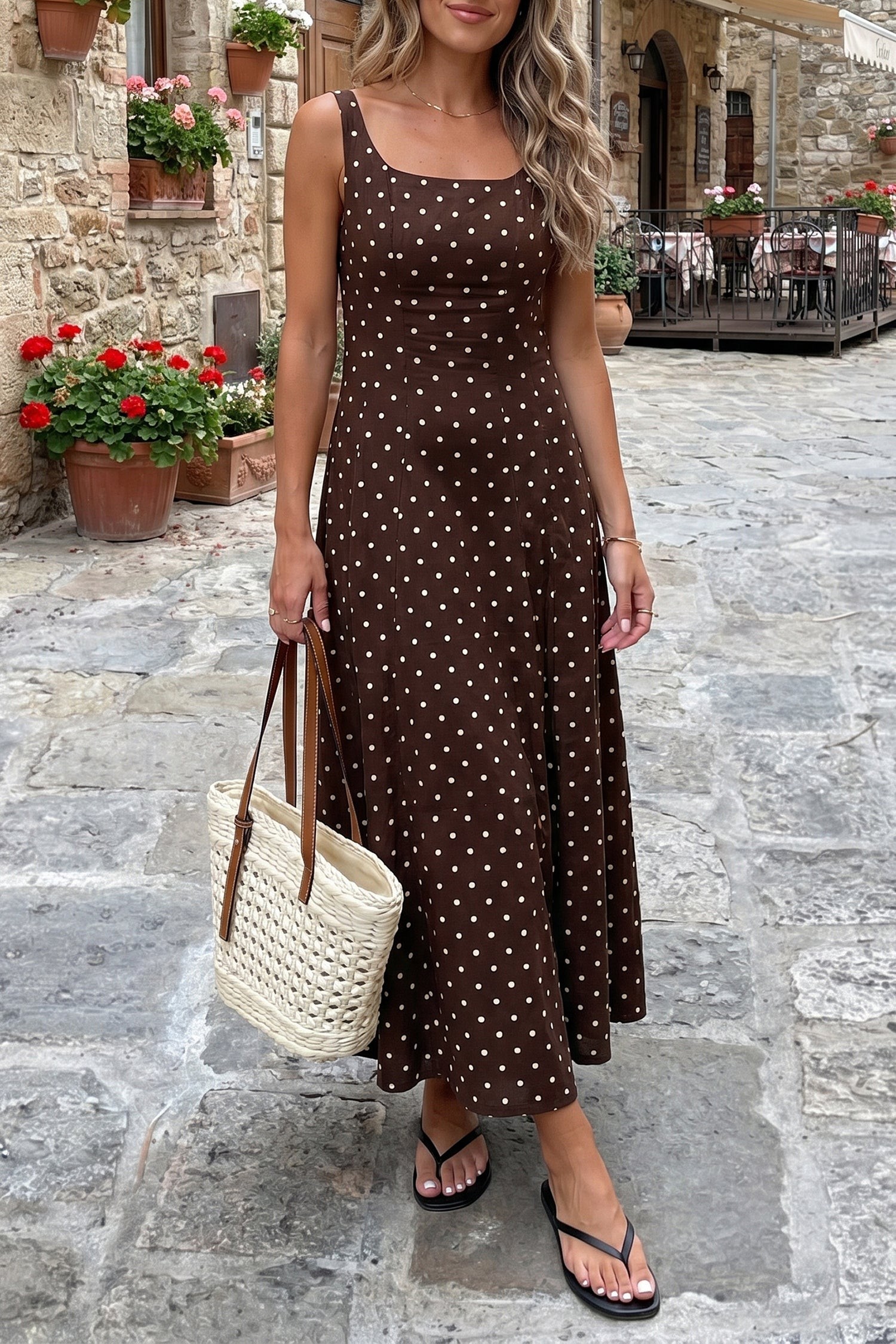 Brown polka-dot maxi dress for a relaxed special-occasion outfit