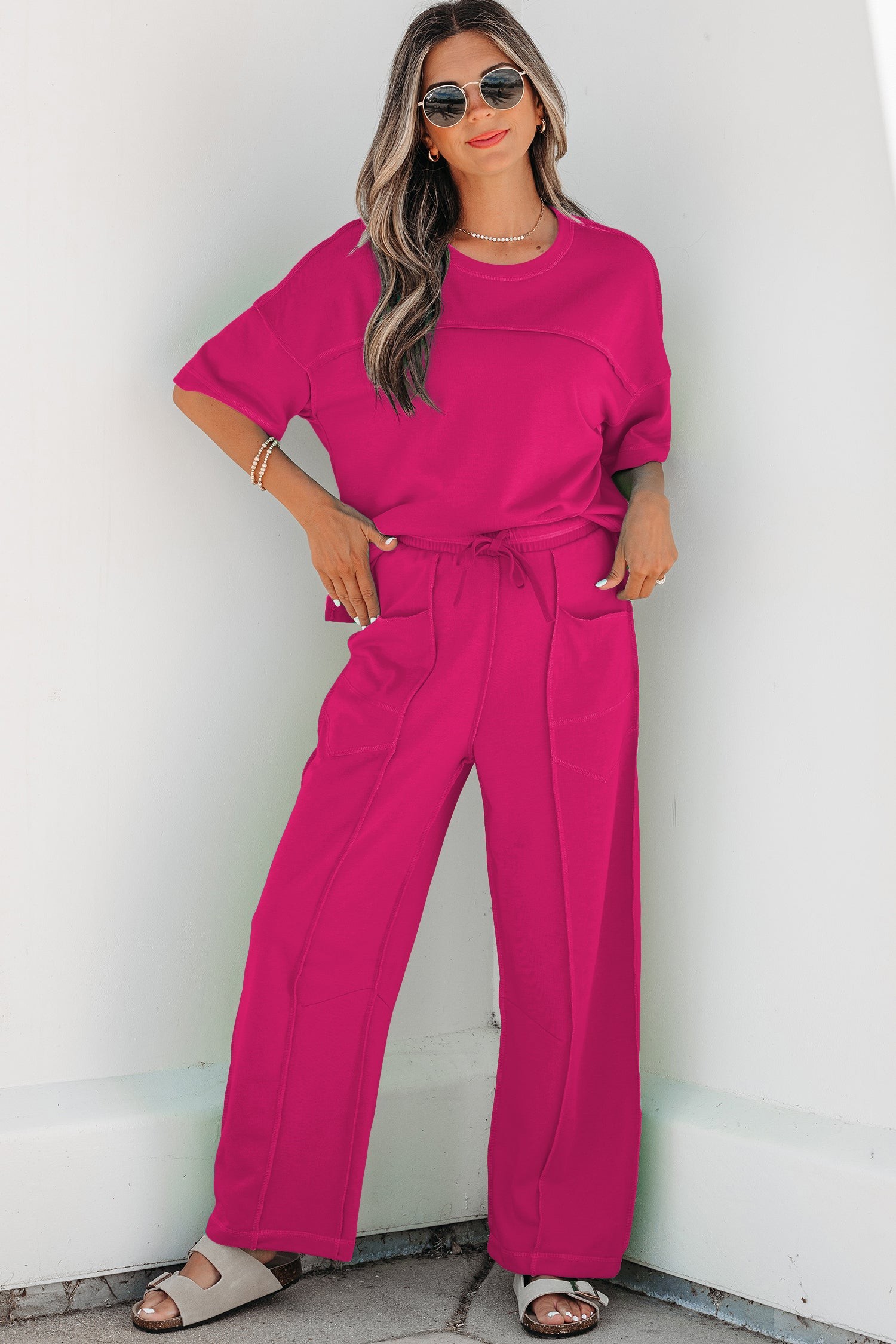 Relaxed rose tee and barrel-pants set