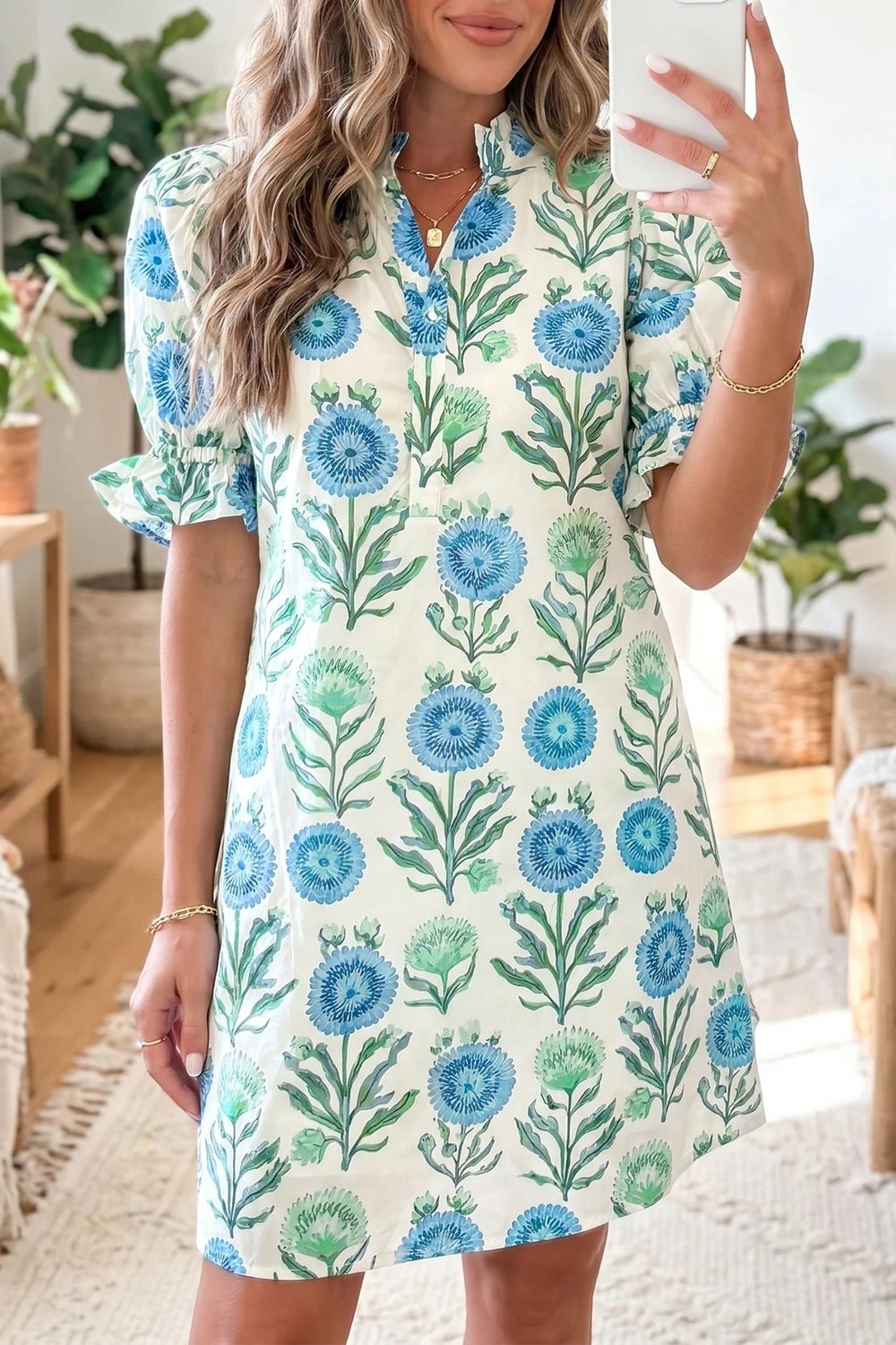Sky blue floral dress for a one-piece outfit formula
