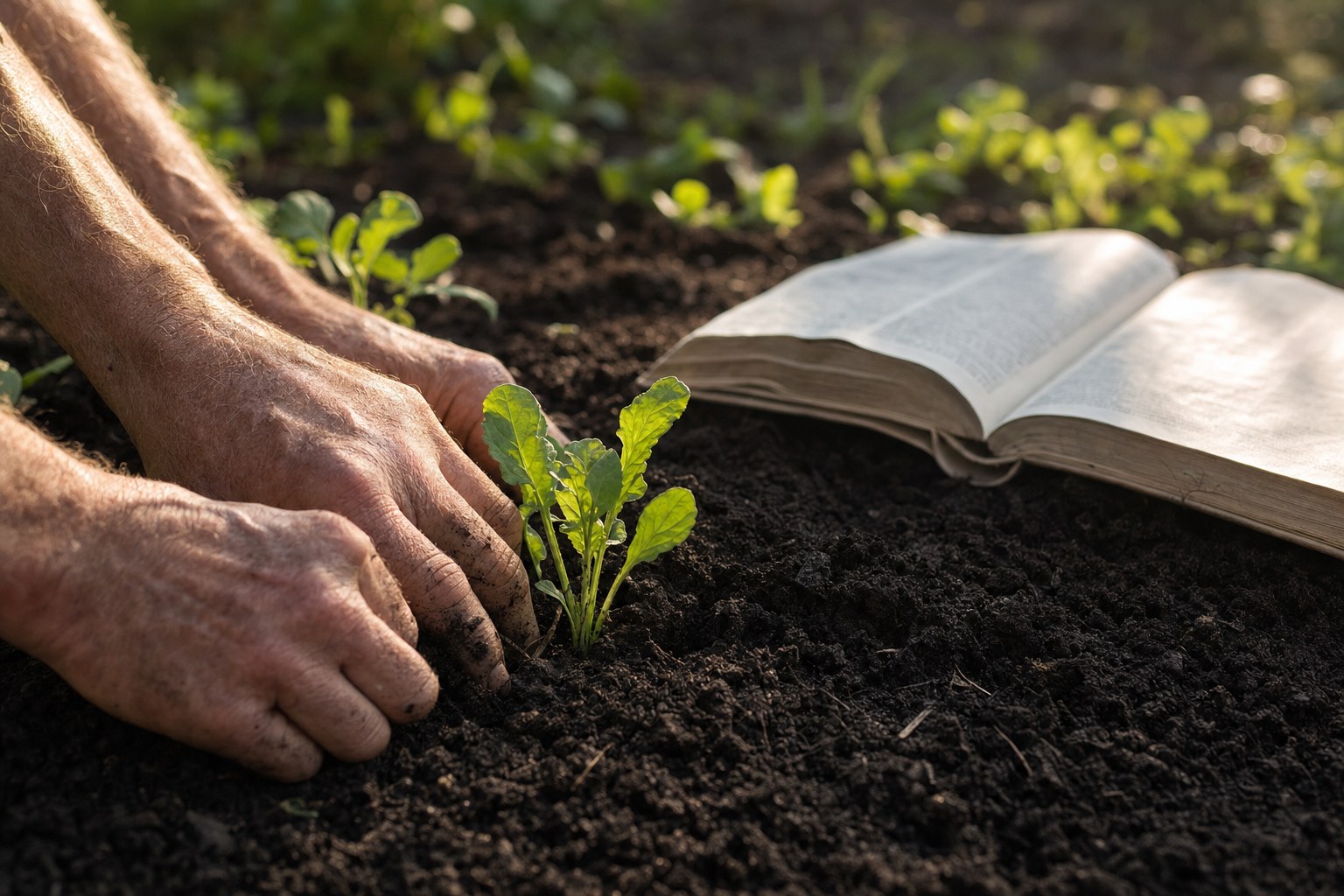 Hands planting a seedling beside an open Bible in garden soil