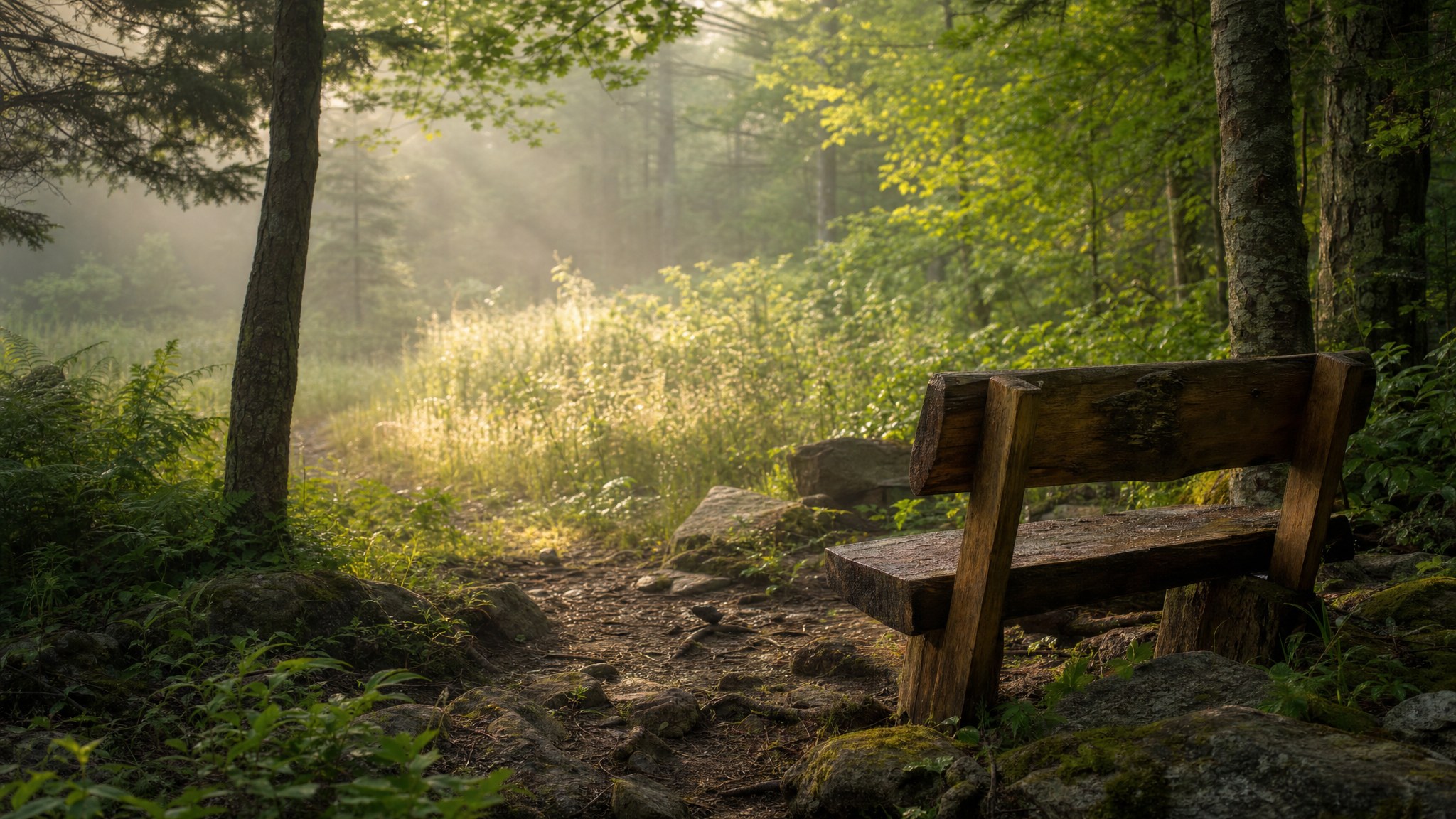 Concept vision of a forest prayer trail in morning light