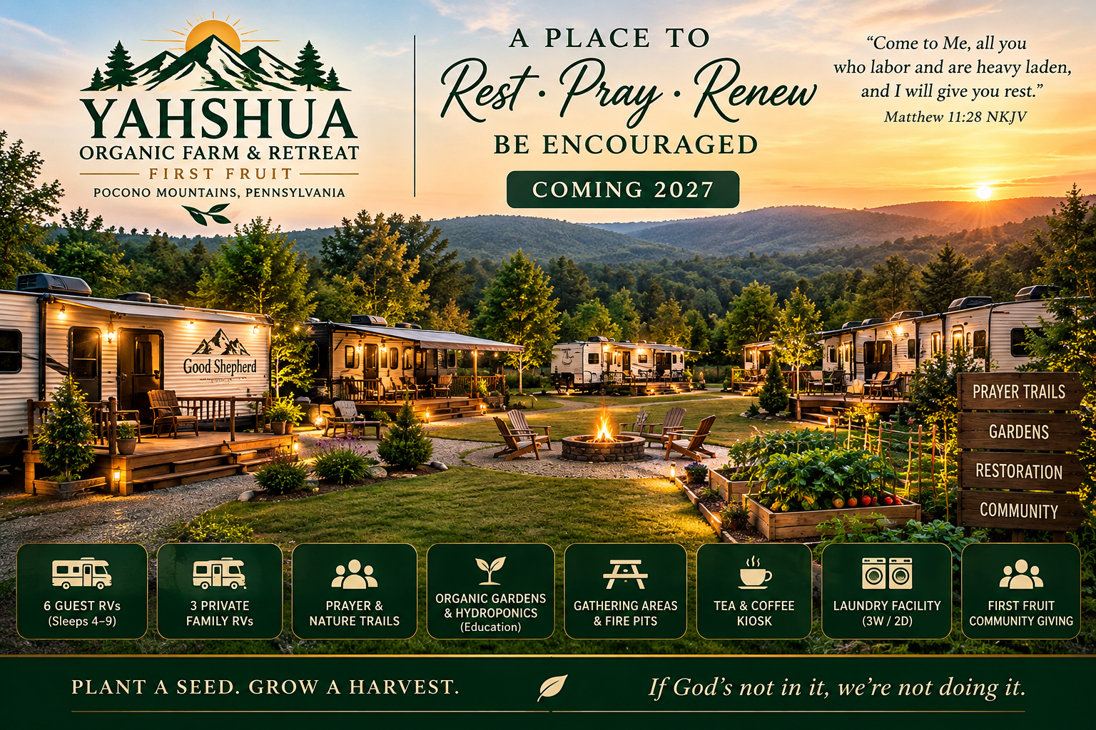 YAHSHUA First Fruit retreat artwork: RV trailers, gardens, and gathering spaces in the Pocono Mountains, coming 2027. A place to rest, pray, and renew.