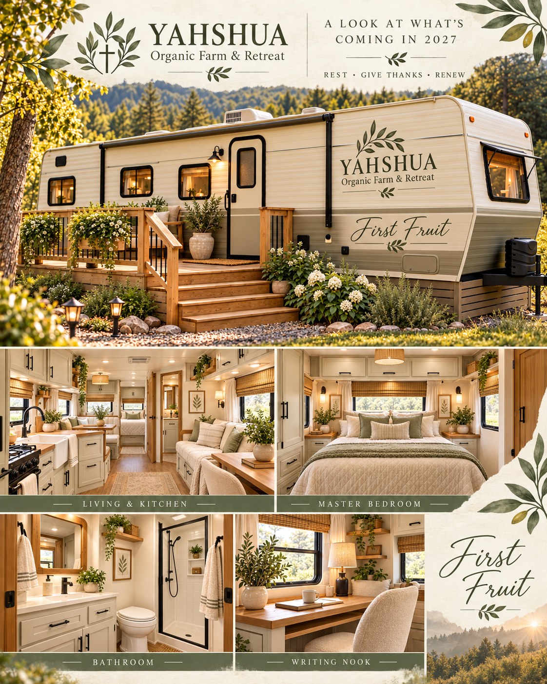 First Fruit, Warm ivory retreat trailer concept