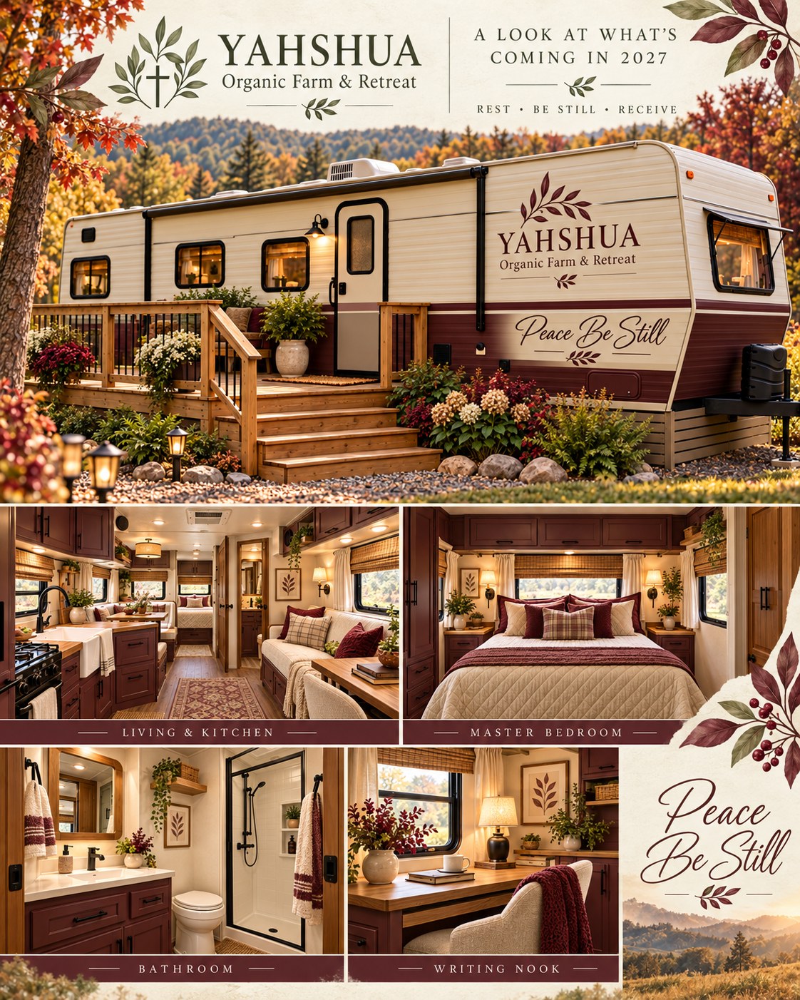 Peace Be Still, Muted burgundy retreat trailer concept
