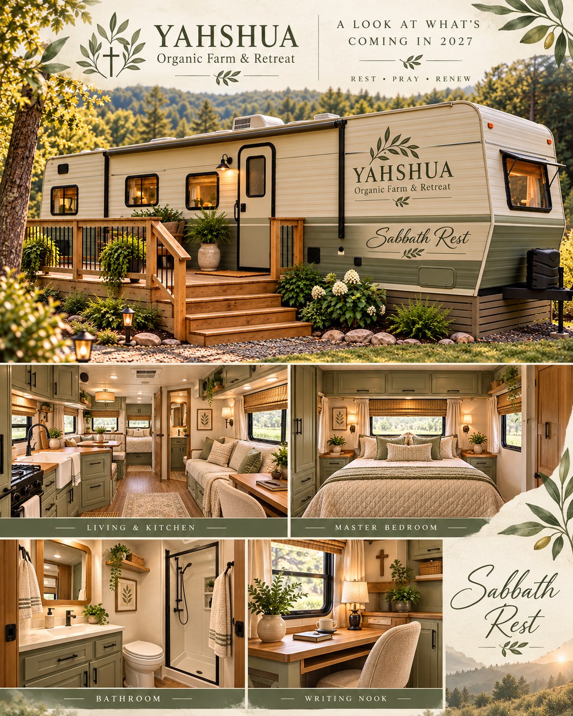 Sabbath Rest, Sage green retreat trailer concept