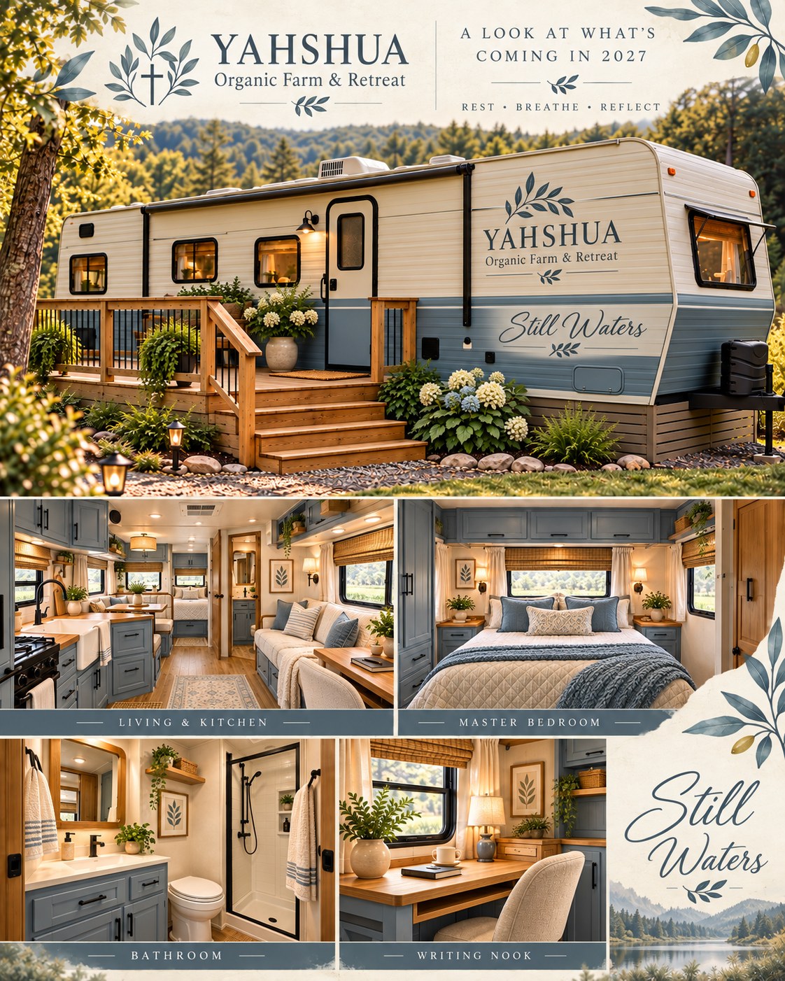 Still Waters, Soft dusty blue retreat trailer concept