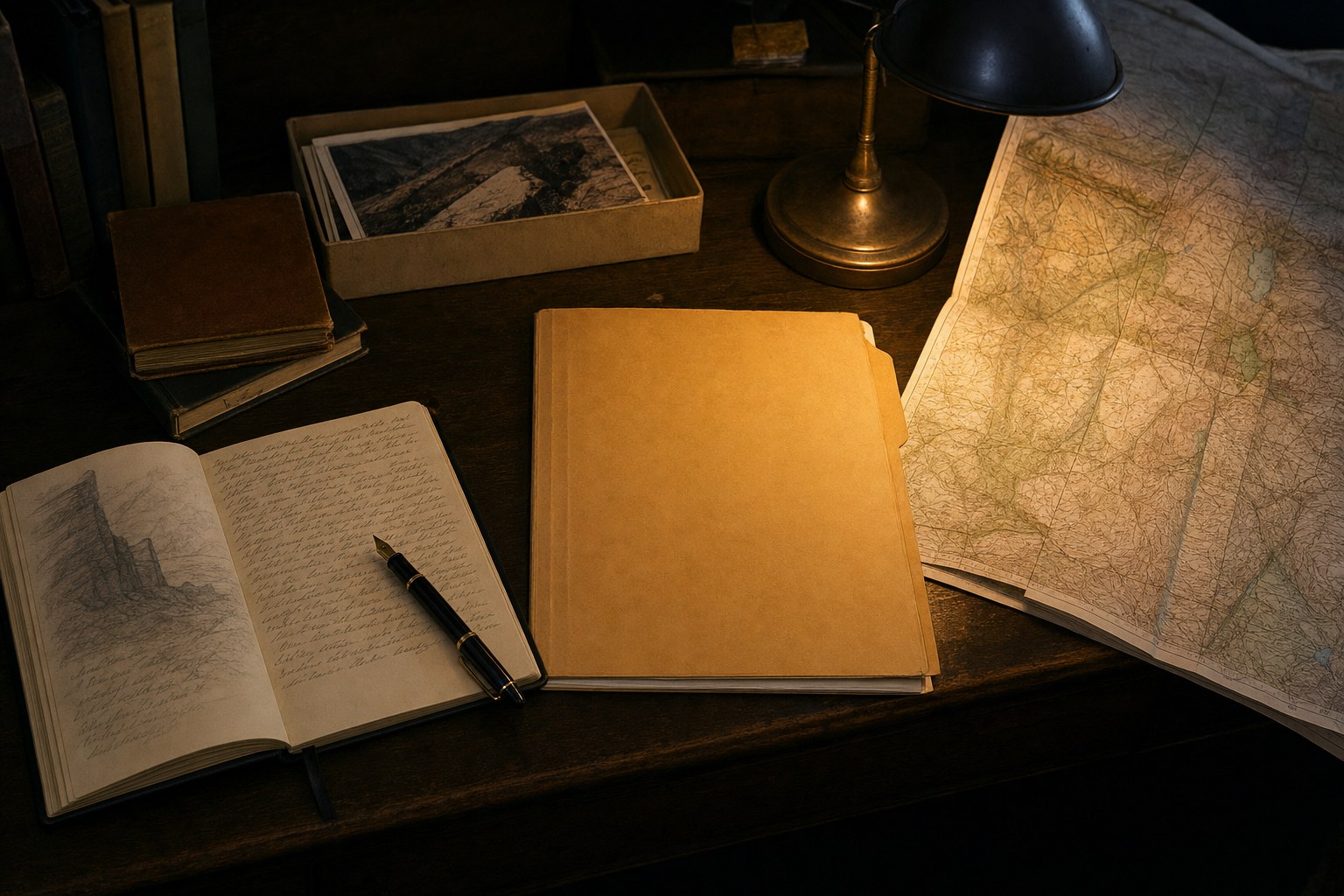 A research desk with a map, notebook, folders, and lamp