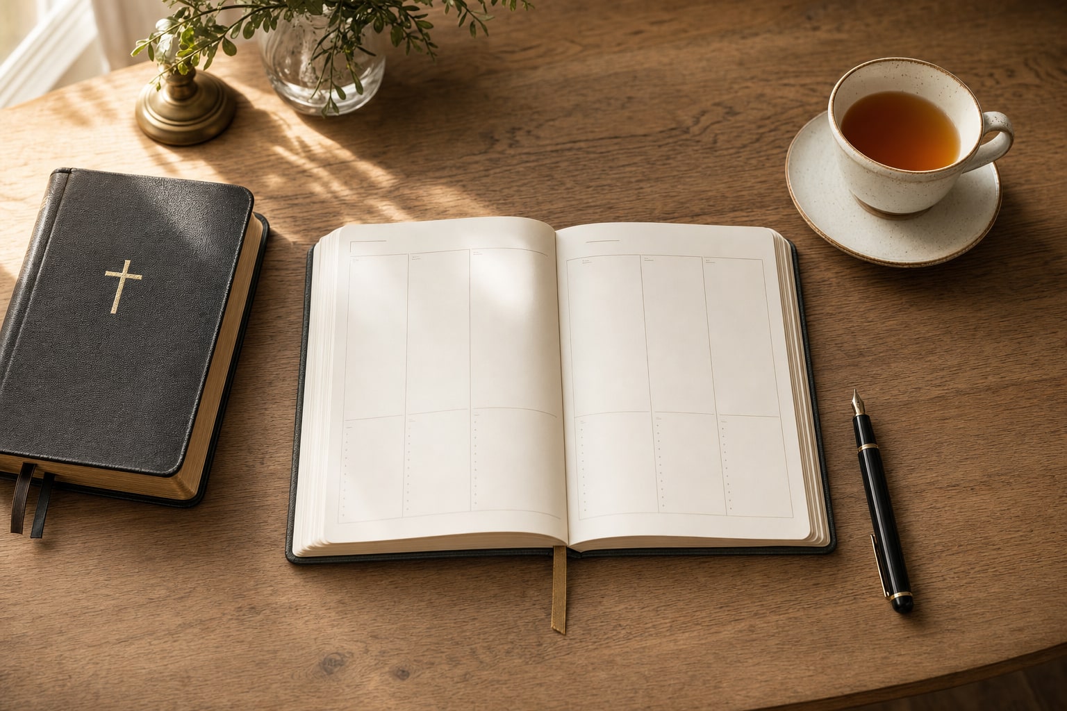 Open planner, Bible, tea, and pen on a wooden desk