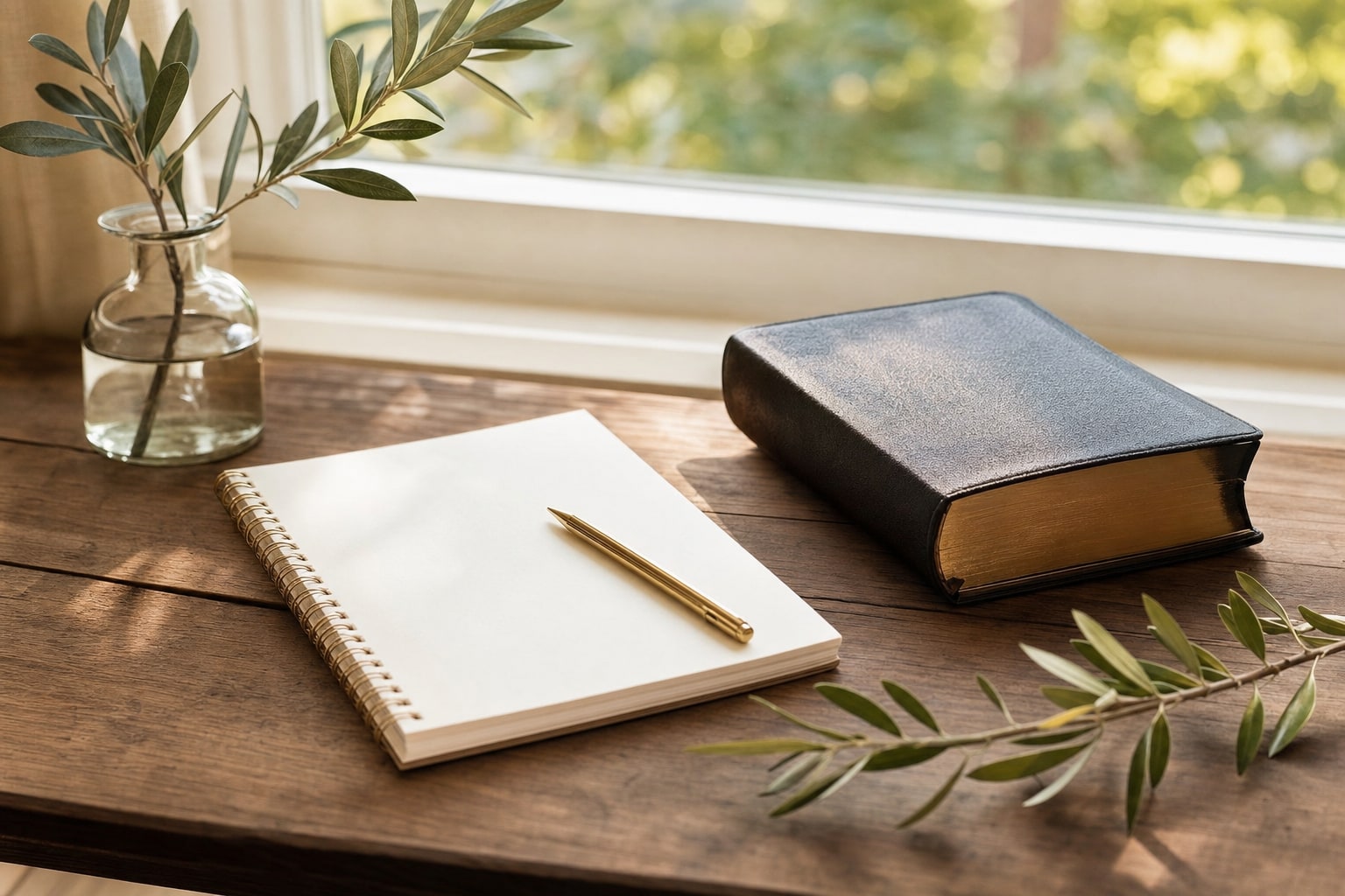 Bible, notebook, and pen on a sunlit desk