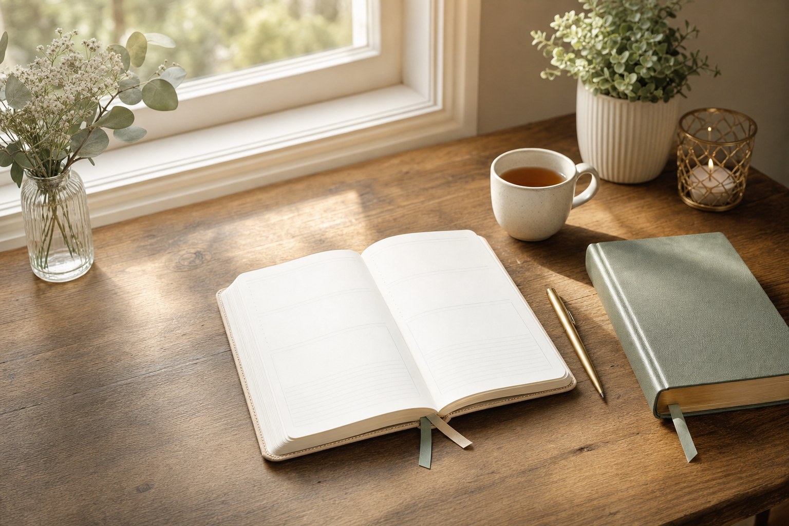 Open planner, Bible, tea, and pen on a sunlit wooden desk