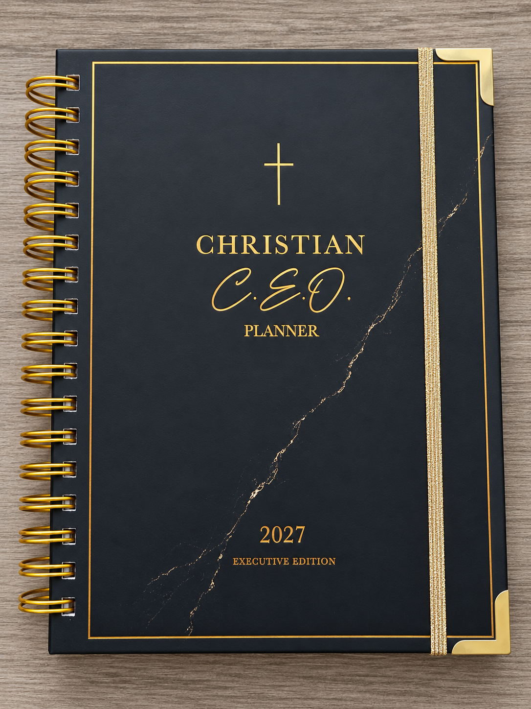Christian C.E.O. Planner cover with a Bible and flower on a light surface