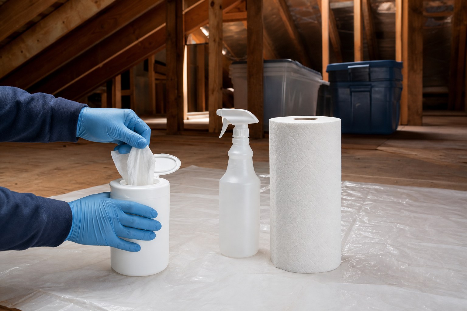 Gloved hands preparing cleanup supplies in a residential attic
