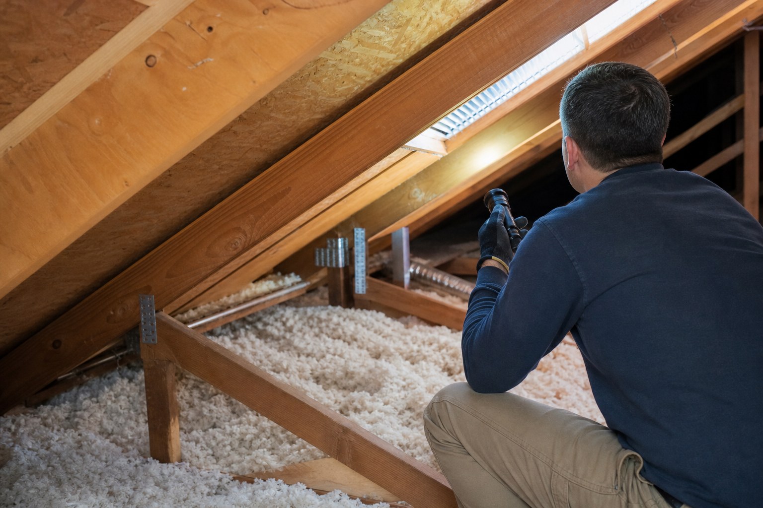 Technician using a flashlight to inspect a residential attic