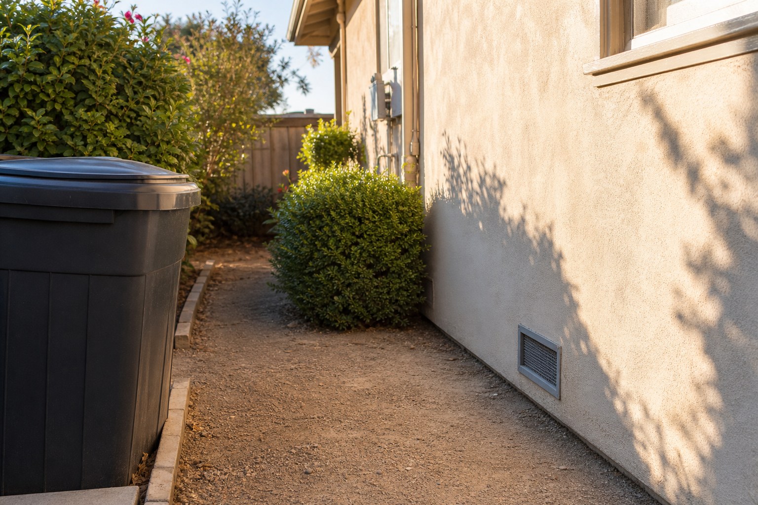 Clear, tidy side yard beside a home with a screened foundation vent