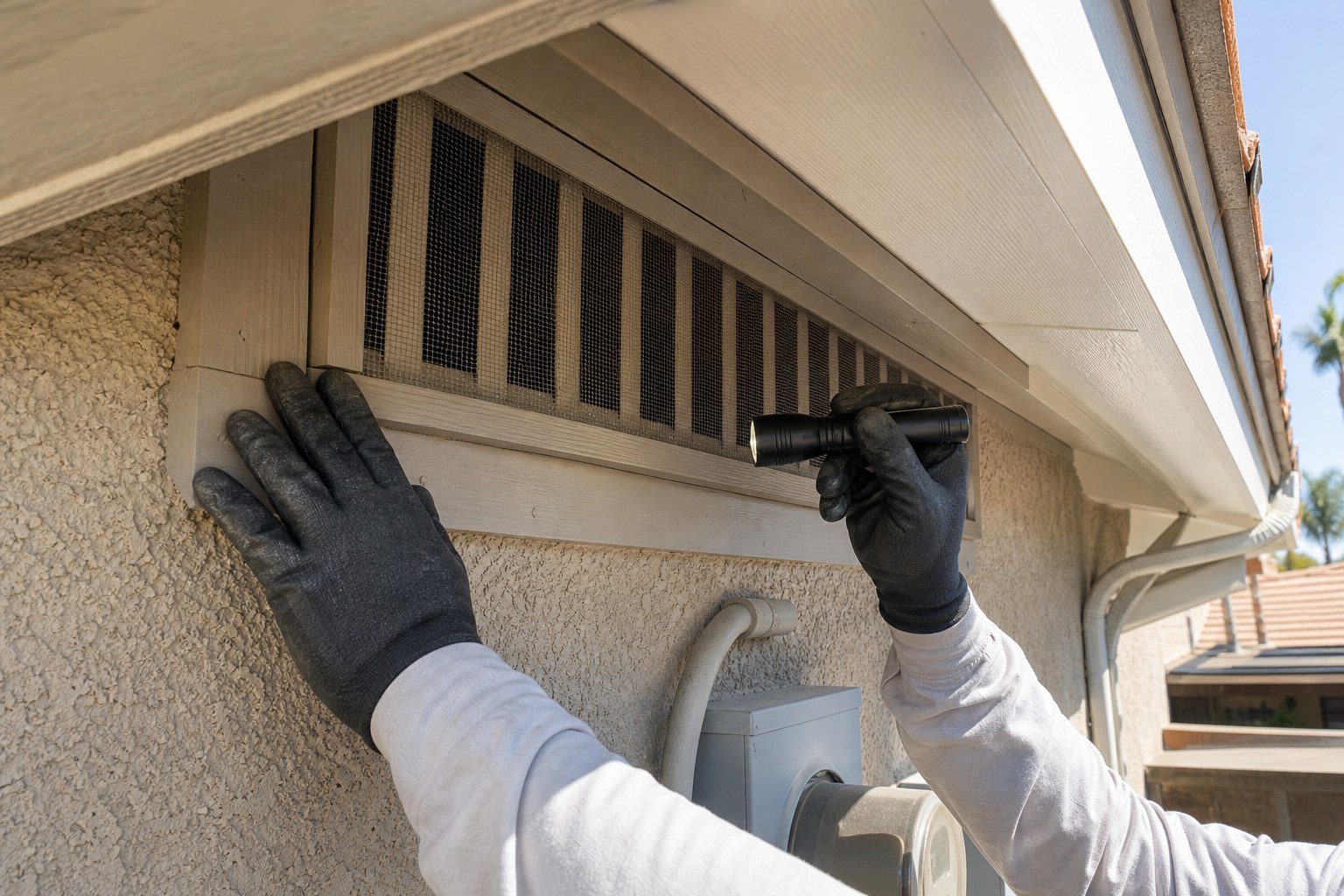 Gloved hands checking a screened attic vent at a home roofline