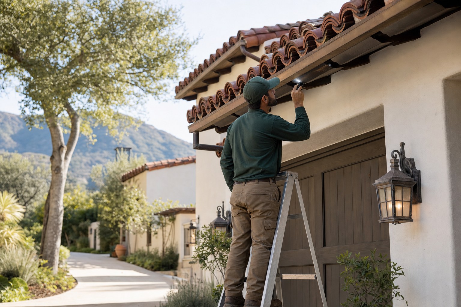 Technician inspecting a roofline at a California home
