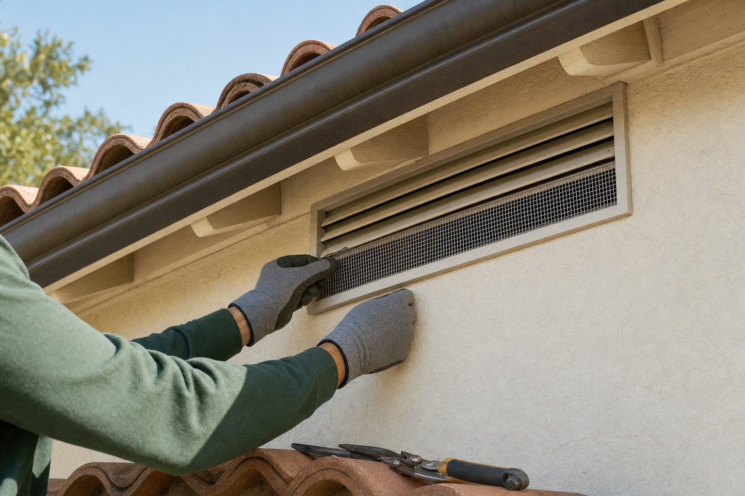 Metal mesh being installed over a roofline vent