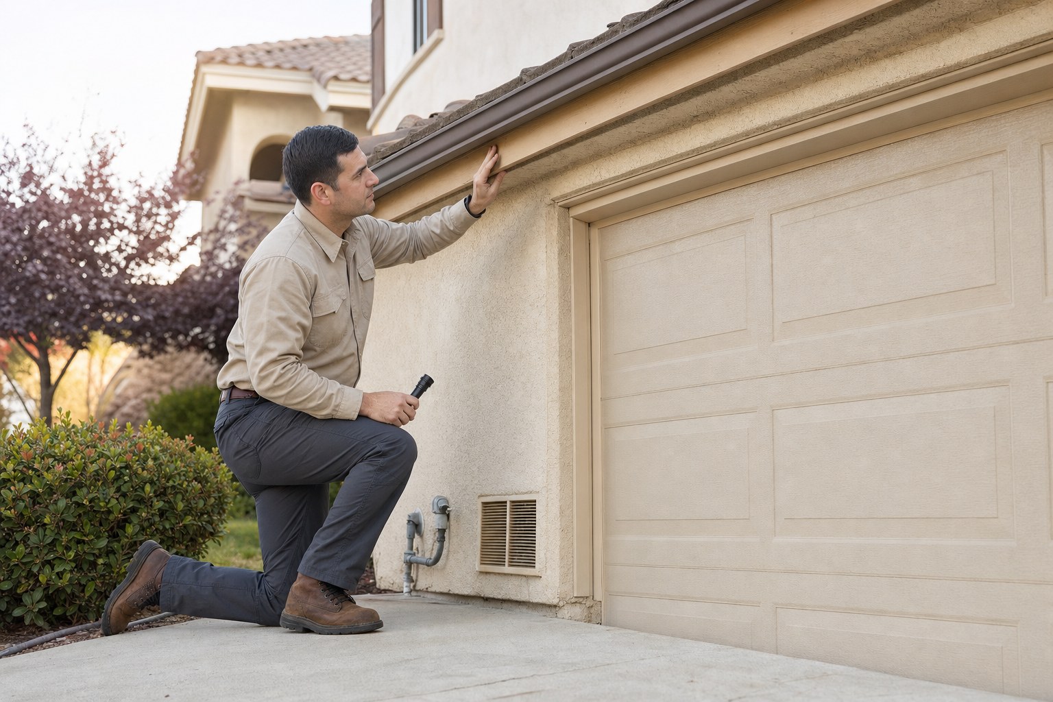 Technician checking a home exterior near a garage for possible mouse access