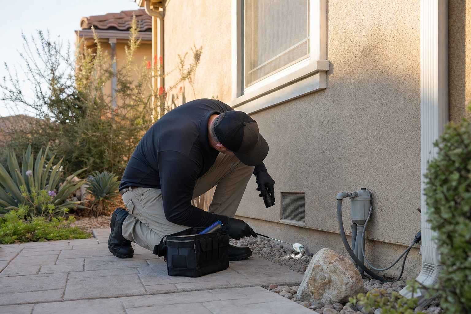 Technician inspecting a home's exterior foundation area for rodent access