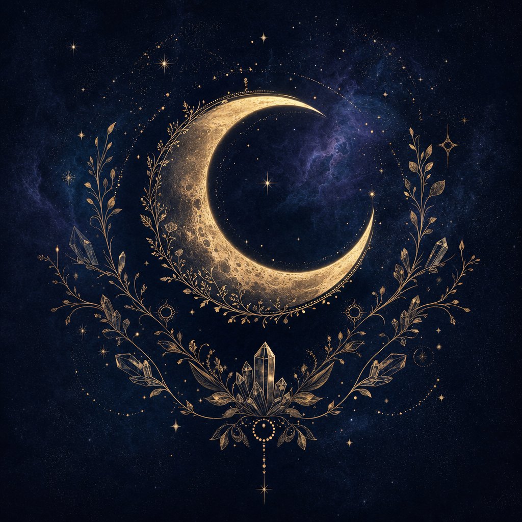 Golden crescent moon, crystals and botanical details against an indigo night sky