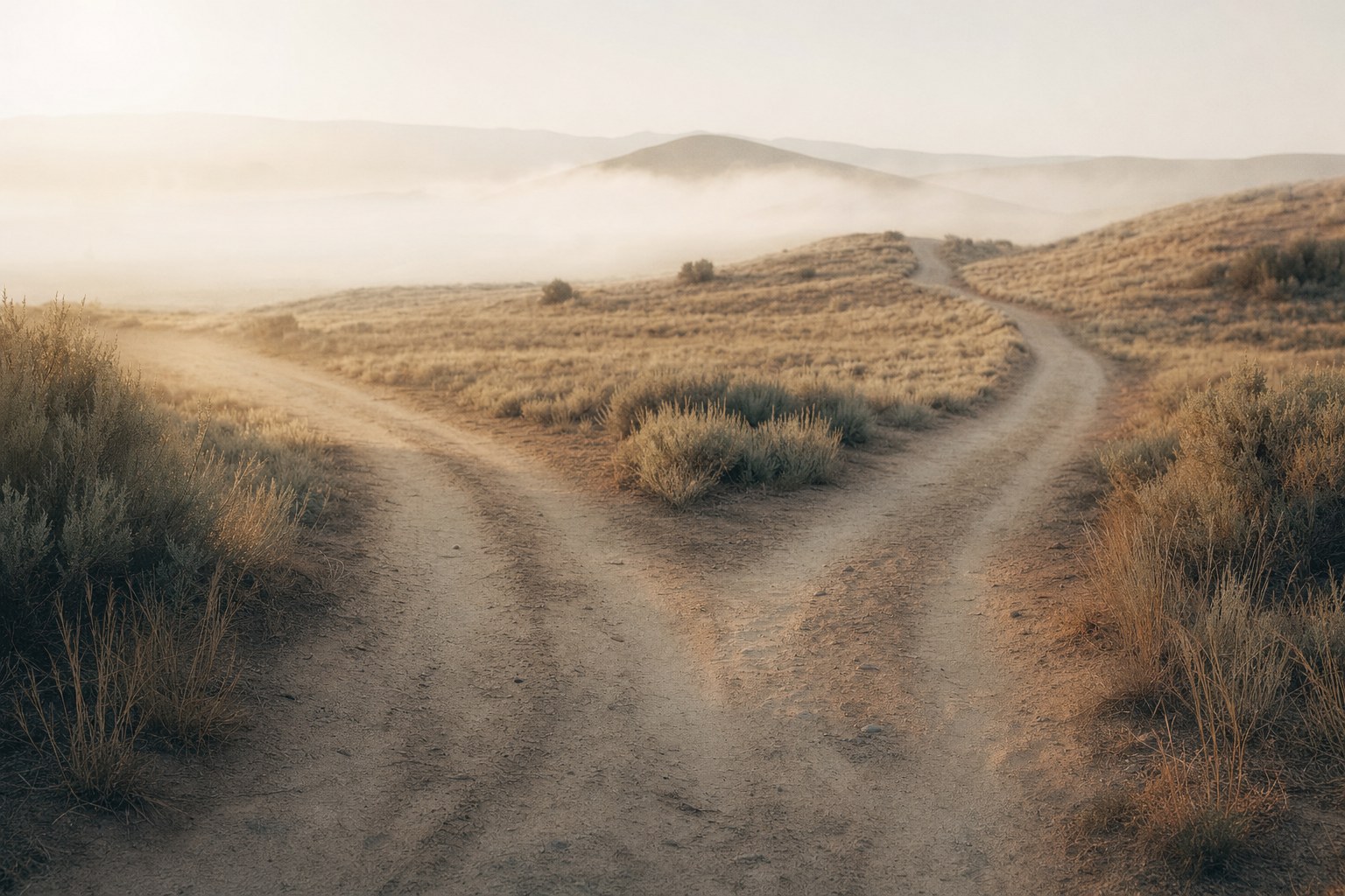 A sandy path branching through sage grasses in the morning mist