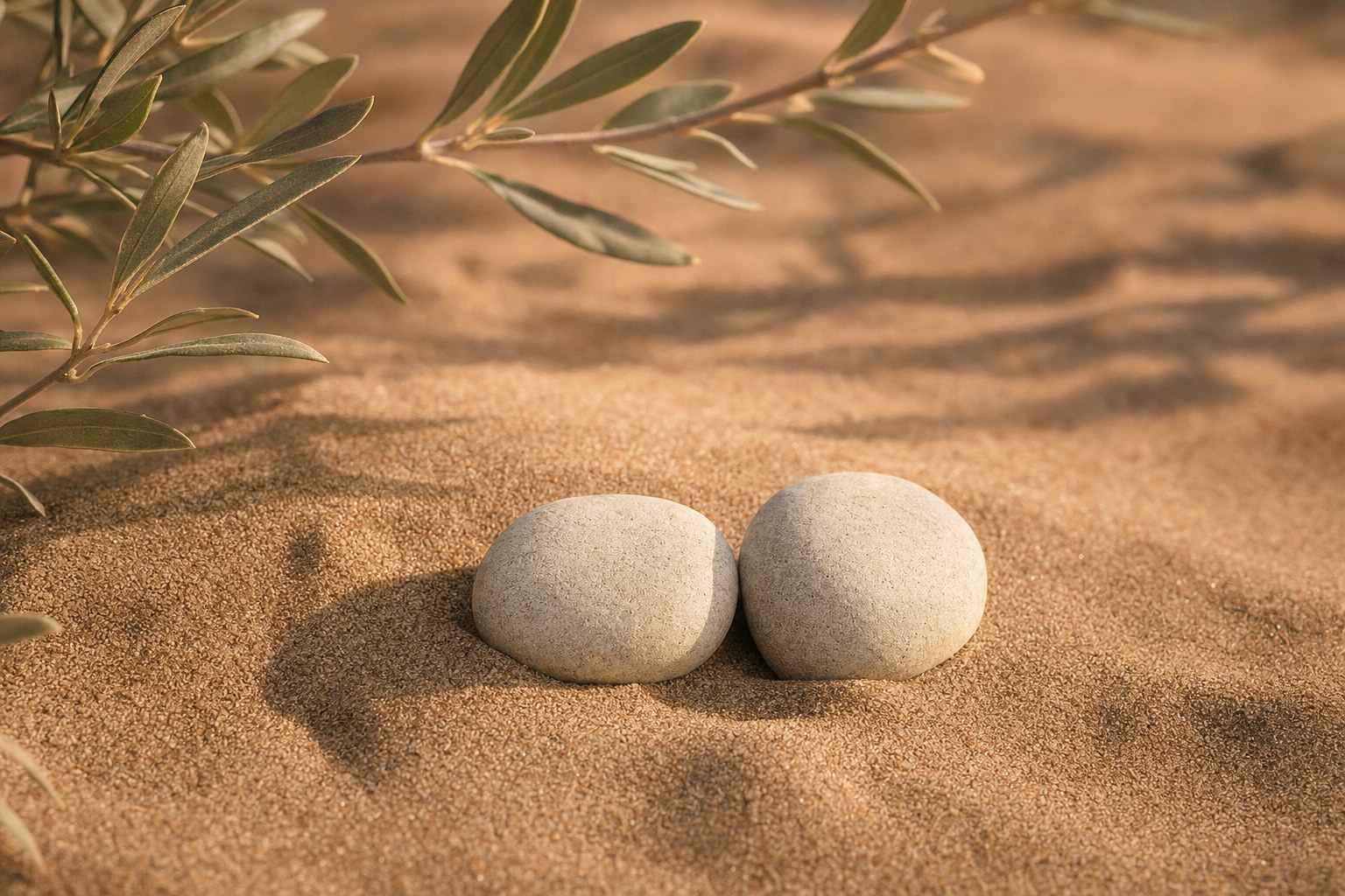 Two pale stones resting together on warm sand