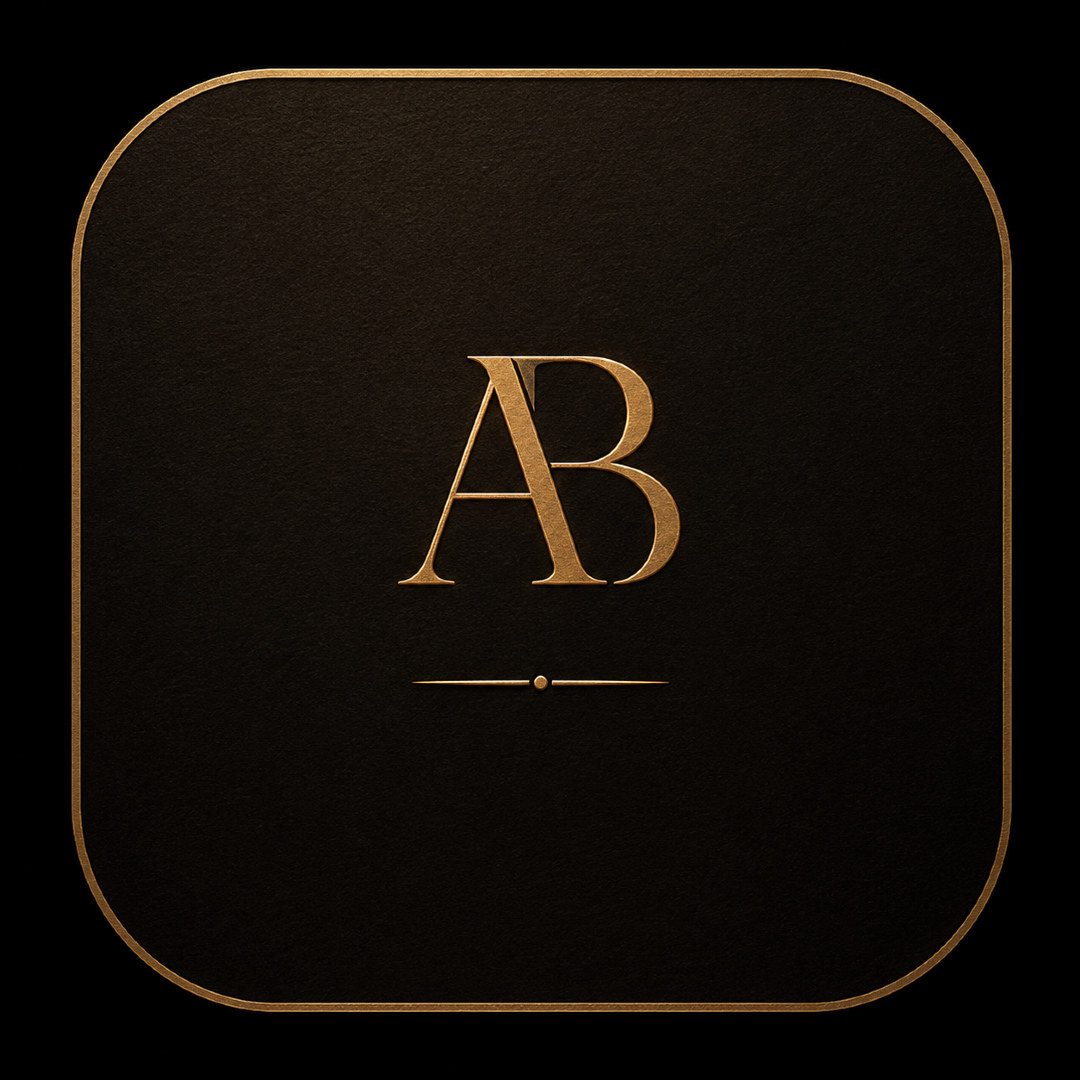 Akini Blake’s gold AB monogram on a dark textured background