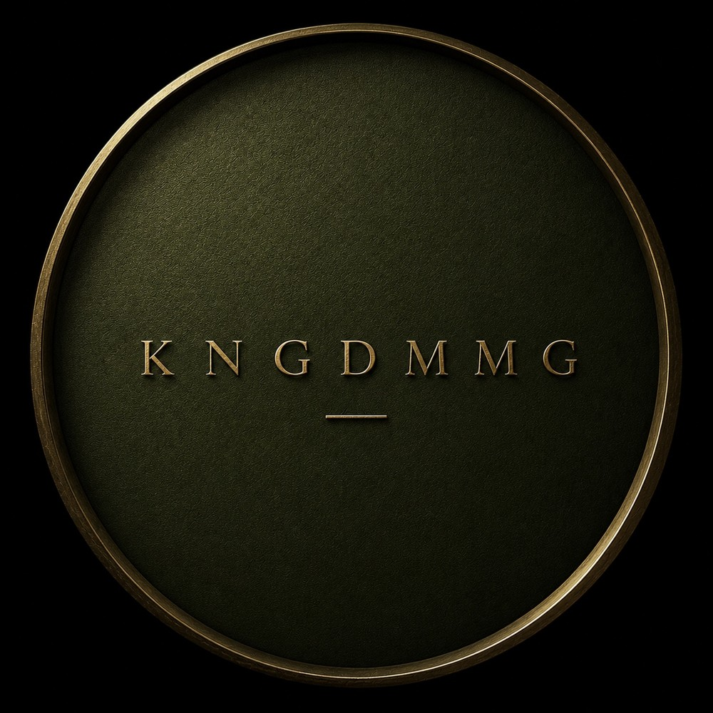 KNGDMMG gold lettering on an olive circular brand mark