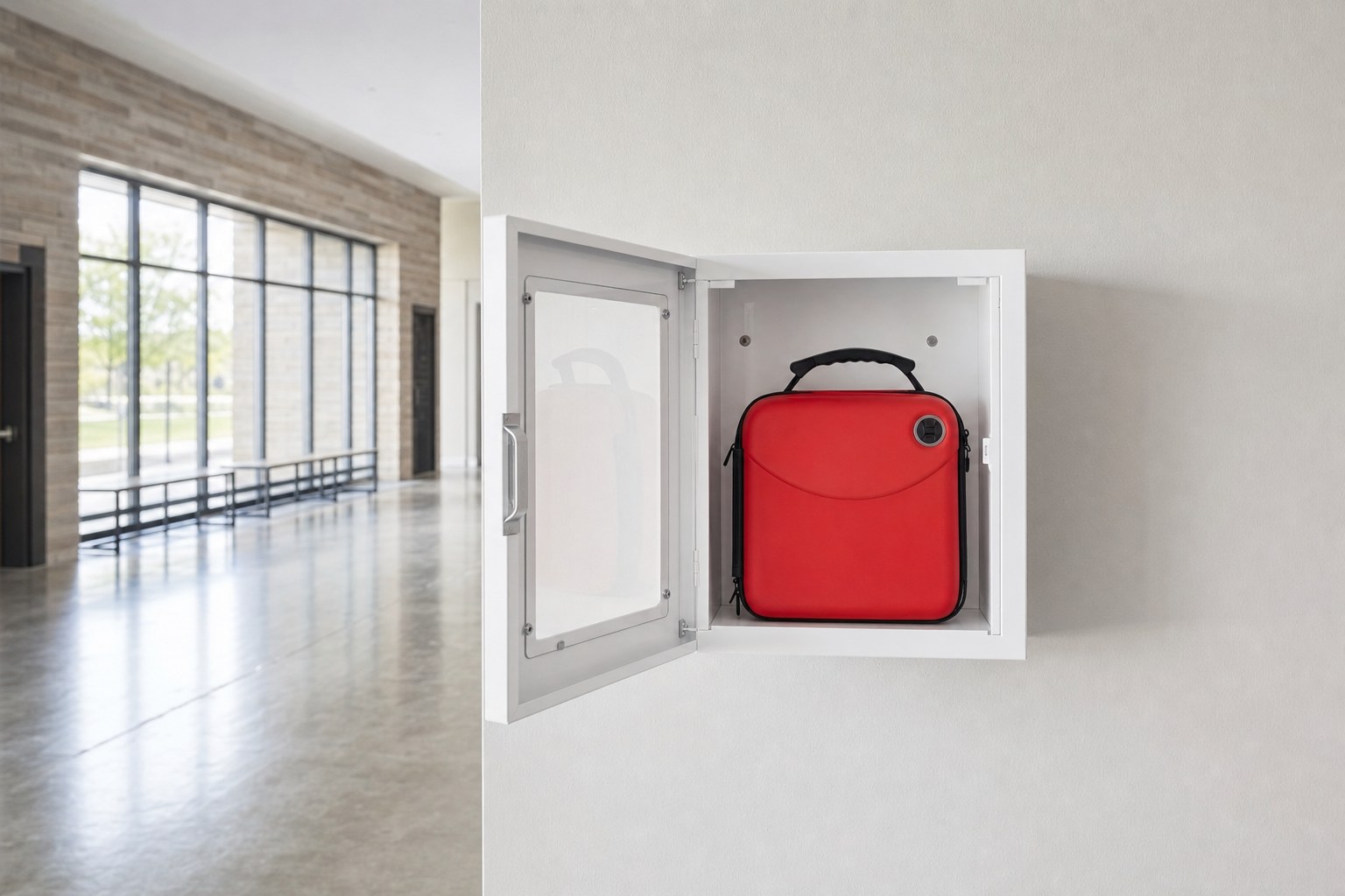 AED cabinet in a bright community hallway