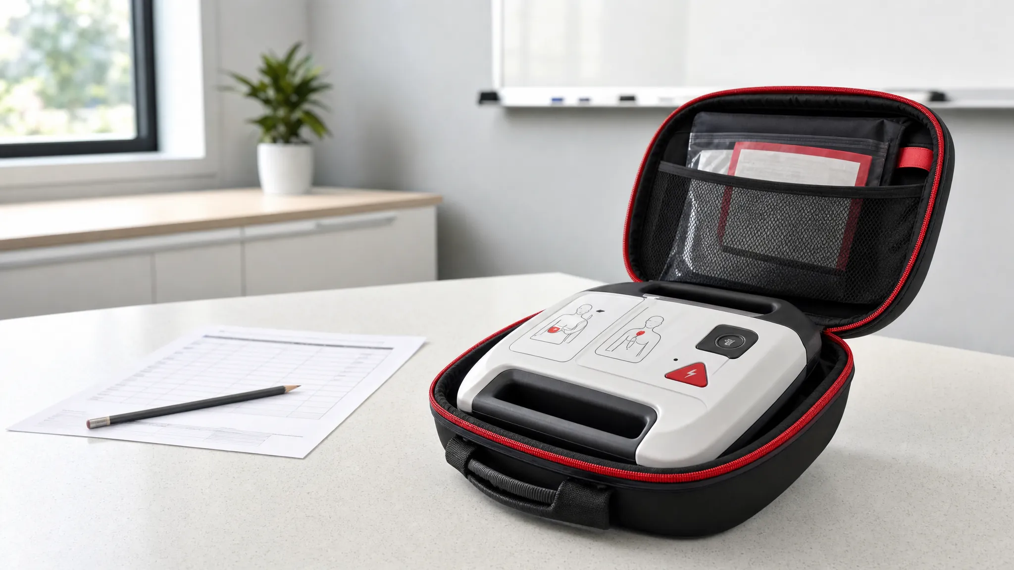 AED in an open carrying case beside a budget worksheet